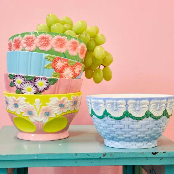 Store Rice Bol Avec Fleurs En Relief En Ceramique - Rose